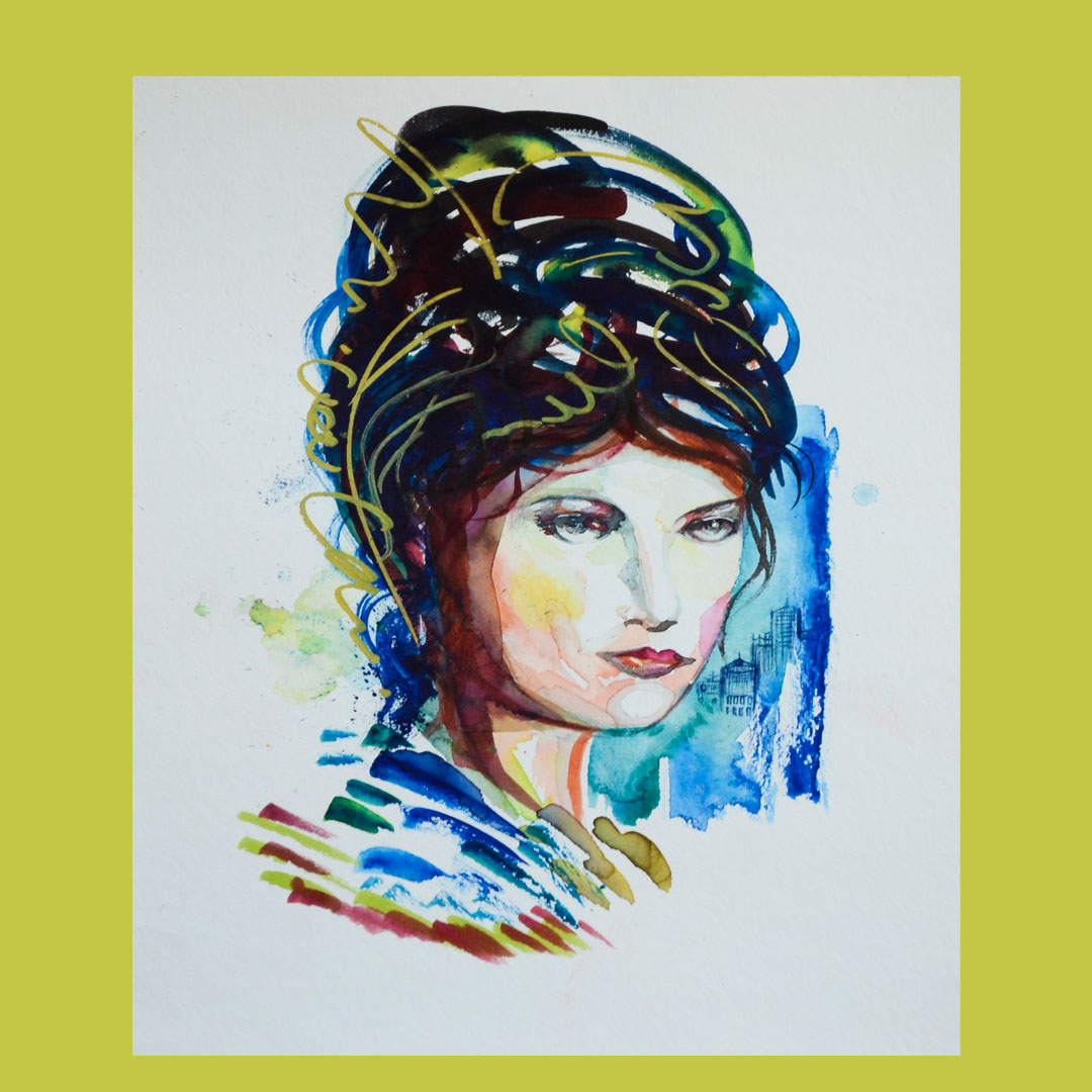 Luke Sky Watercolour painting colourful portrait of a woman